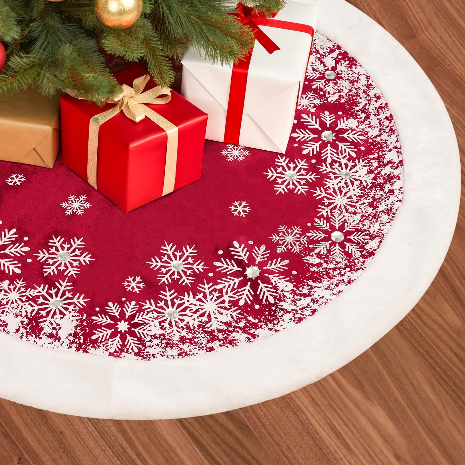 Photo 1 of PIKRONSH Christmas Tree Skirt, 32 Inch Red Velvet Tree Skirt with Snowflakes Patterns, Indoor Christmas Decorations