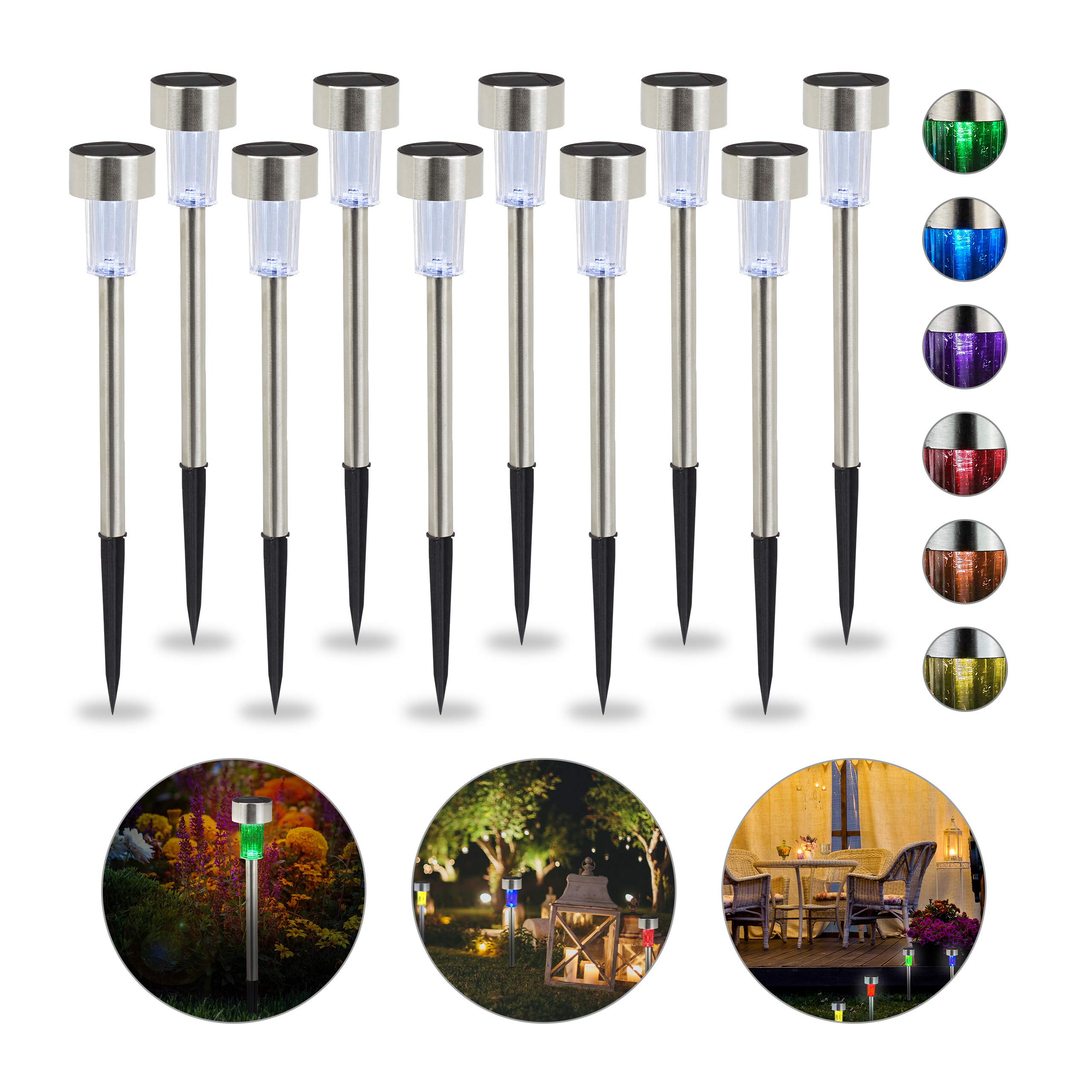 Relaxdays Solar Lights Set of 10, Waterproof LED Pathway Lights, Garden & Balcony, Color Change, Stainless Steel, Silver