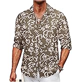 Damipow Mens Linen Cotton Striped Long Sleeve Dress Shirt Casual Button Down Shirt