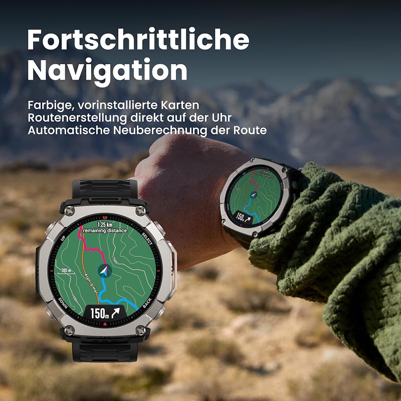 T-Rex Ultra 2 Dualband-GPS Outdoor Smartwatch, 51 mm Titangehäuse, 1,5" Saphir AMOLED Display, Taschenlampe, 30 Tage Akkulaufzeit, Offline-Karten, 10 ATM, 180+ Sportmodi für Android & iPhone