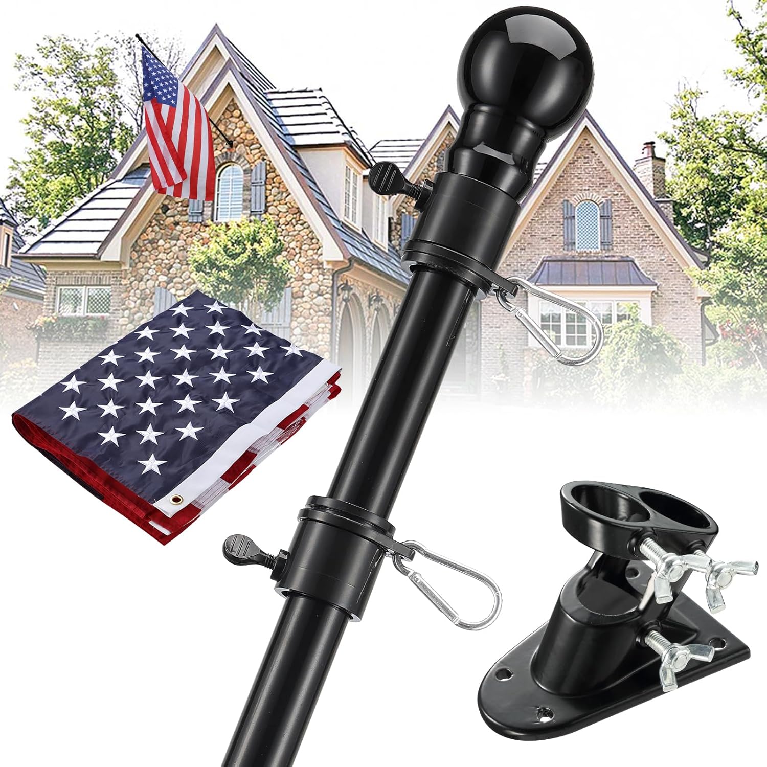 Flagpole Hardware - American Flag with Pole Kit - Includes 5ft Tangle Free Flag Pole Holder for Outside House,Heavy Duty 3x5 US Embroidered Flags,Wall Mount Bracket - for Porch Garage Yard Outdoor Car Jeep Boat,Black