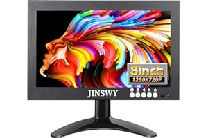 JINSWY 8" Mini Security Monitor, Portable 1280x720 Metal Screen, HDMI/VGA/AV/BNC Input, Built-in Speakers & Remote, for CCTV Surveillance and Security Systems