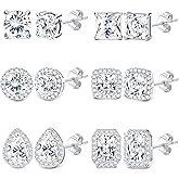 SAILIMUE 6 Pairs Stainless Steel Cubic Zirconia Stud Earrings for Women & Men - 18K White Gold Plated Brilliant Round Square Teardrop Simulated Diamond Halo Earrings Set
