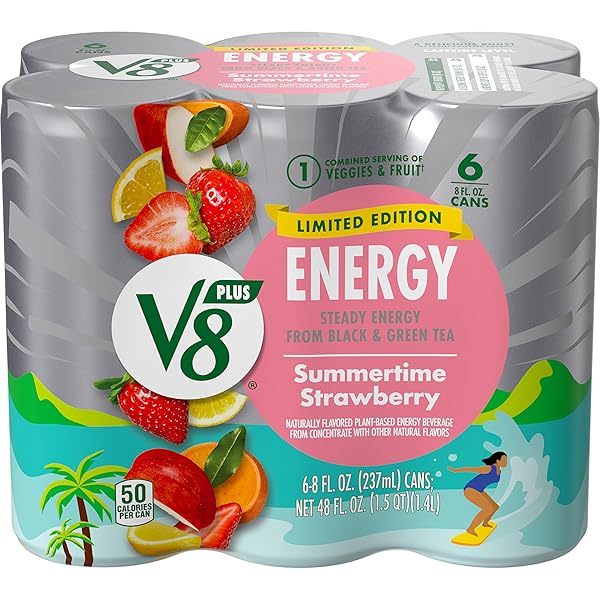 V8 +ENERGY LIMITED EDITION SUMMERTIME STRAWBERRY JUICE ENERGY DRINK, 8 FL OZ CAN (6 PACK)