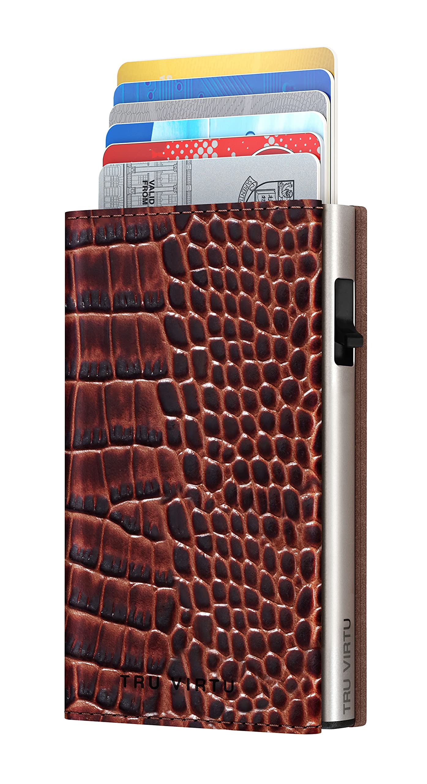 Tru Virtu® Click & Slide Card Wallet Sleek I Credit Card Holder I Card Holder RFID NFC Protection I Wallet Made of Genuine Italian Leather I Slim Wallet (Croco Brown/Silver)