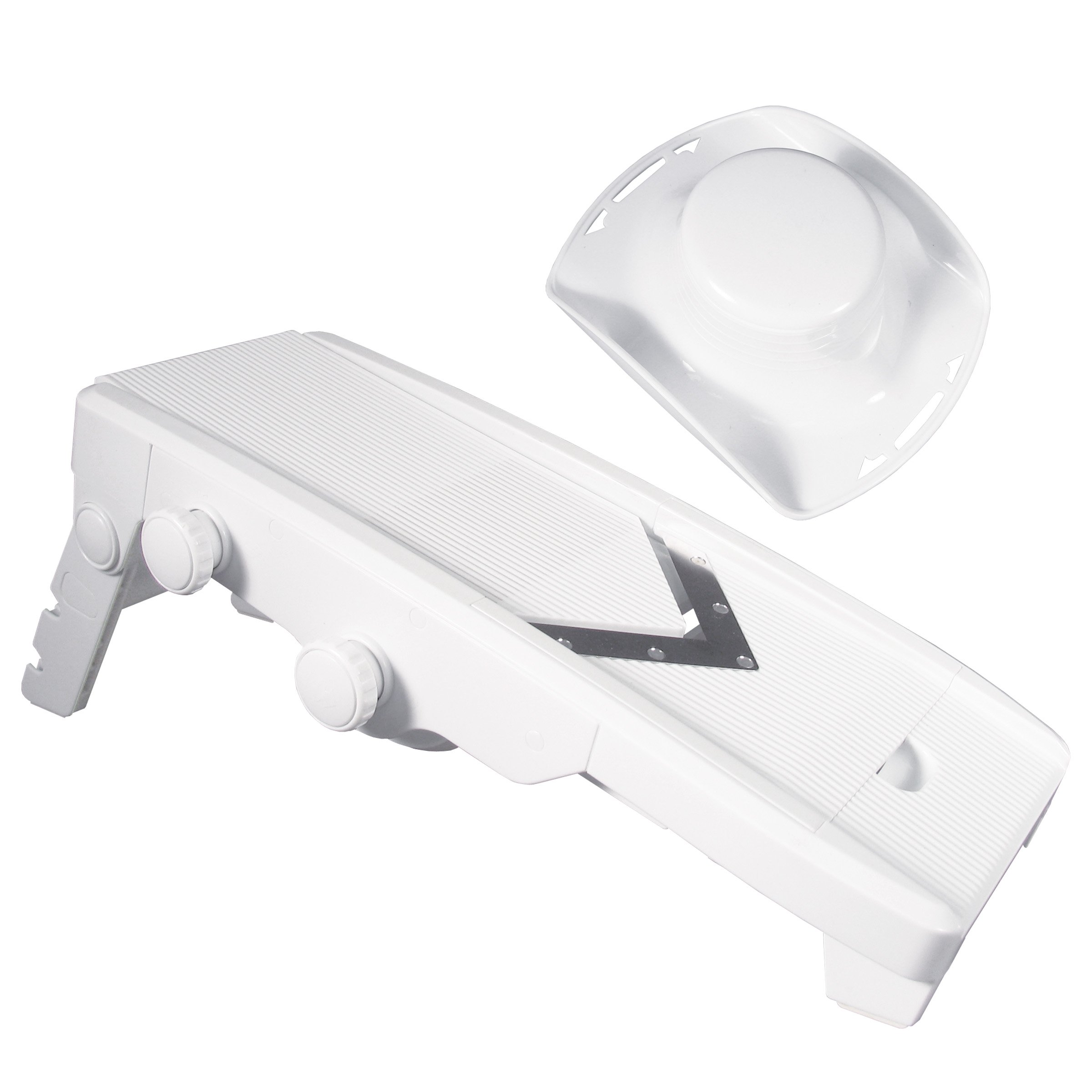 Weston Plastic V-Slice Mandoline Slicer with Sturdy Foldable Base and Blade Storage Box