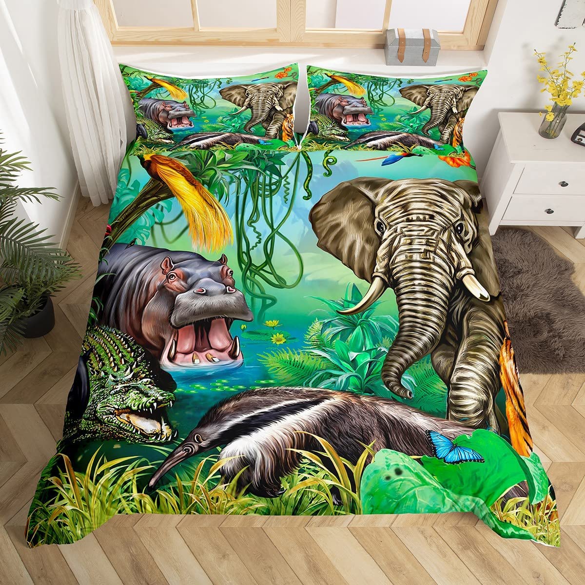 Jungle Animals Duvet Cover Set Double Size Crocodile Hippo Elephant Tiger Bedding Set African Safari Animal Printed Comforter Cover For Kids Boys Girls Cartoon Zoo Theme Bedclothes With 2 Pillow Cases — image 1