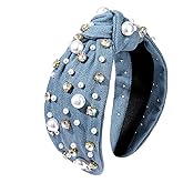 Pearl Knotted Headband for Women White Pearl Rhinestone Crystal Jeweled Embellished Hairband Fashion Elegant Ladies Wide Top 