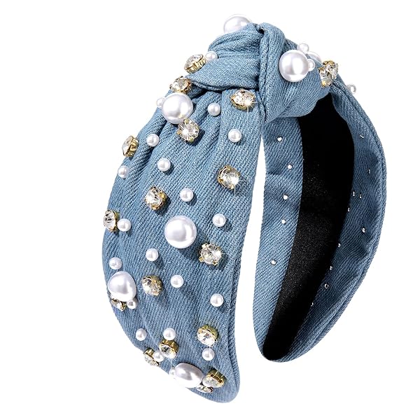 VOCOSTE Perlenkristall Knoten Haarband Für Damen, Hellblau, 14x4,8 Cm – Modisches Haaraccessoire