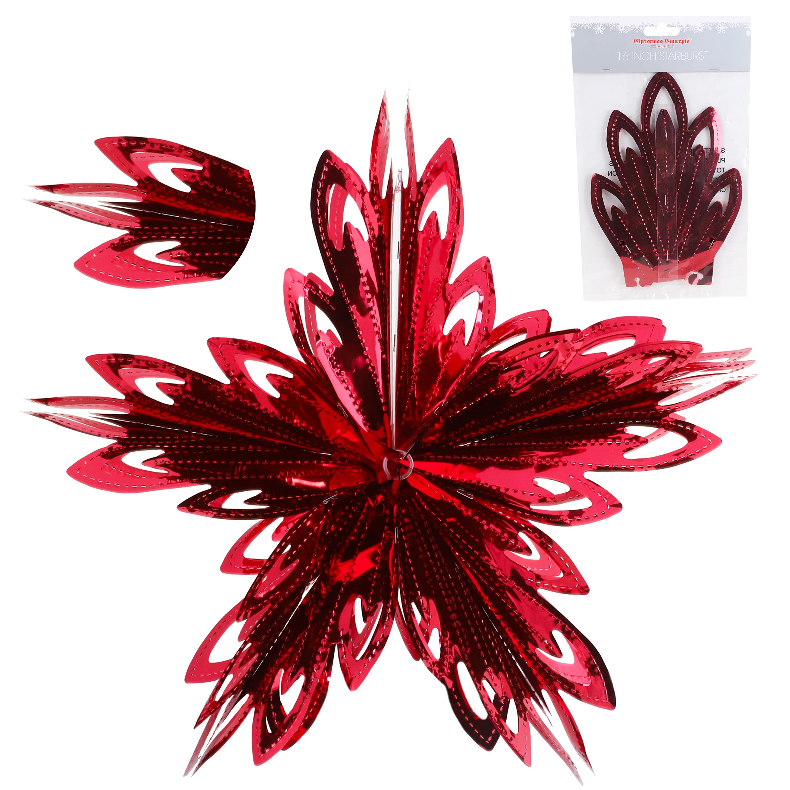 Christmas Concepts® 16” (1.3ft) Large Foil 3D Star Hanging Decoration – Christmas Trimming (Red)