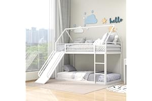 Morhome Twin Over Twin Bunk Bed with Slide, Metal House Bunk Bed Frame with Ladder and Safety Guardrail for Kids Teens Boys Girls, No Box Spring Needed, Easy to Assemble