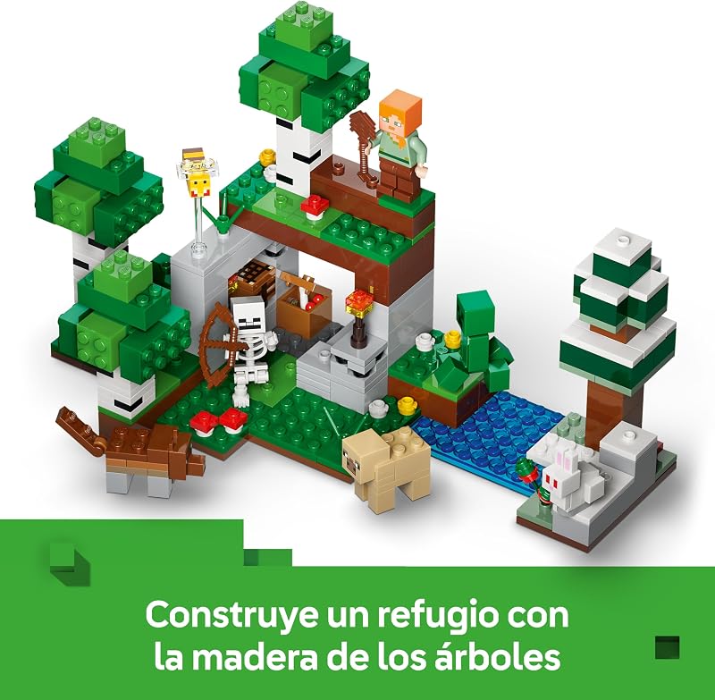 Minecraft Aventura de la Primera Noche – Juguete Interactivo con 7 Figuras Inc. Alex, Creeper, Esqueleto y Lobo del Bosque – Regalo Gamer para Niños y Niñas de 8+ Años – 21593