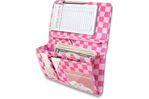 ZREAL Cute Server Book for Waitress with Zipper & Magnetic Pockets – Retro Checkerboard Guest Check Holder Organizer for Restaurant Waitstaff (Hot Pink, Large)