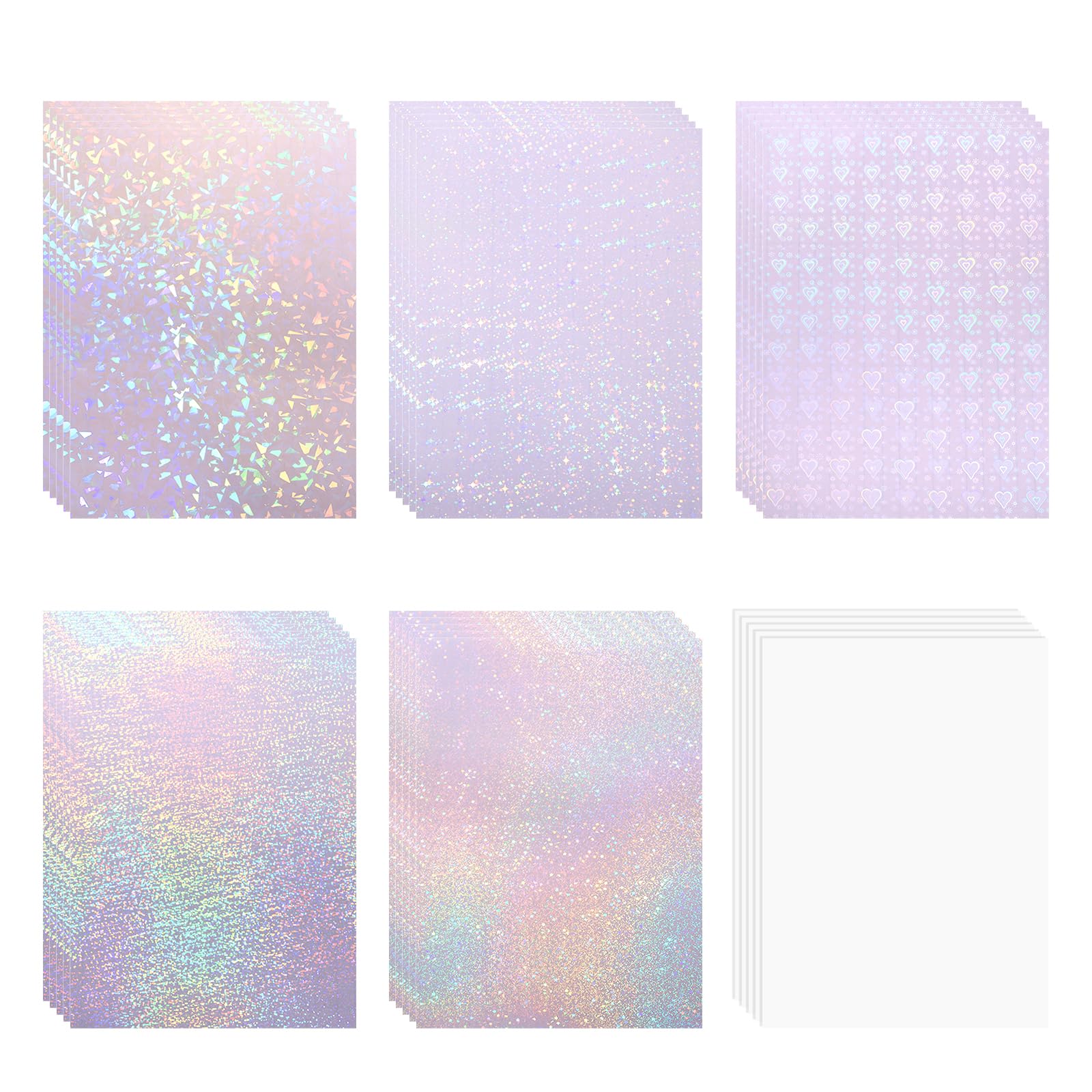 VINYL FROG Holographic Sticker Paper 30 Sheets Holographic Lamination Vinyl A4 Size Clear Overlay Film Waterproof Vinyl sticker for DIY Crafts with 6 Styles