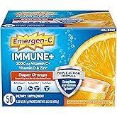 Emergen-C Immune+ Triple Action Immune Support Powder, BetaVia (R), 1000mg Vitamin C, B Vitamins, Vitamin D and Antioxidants, Super Orange, Back to School Essentials – 50 Count