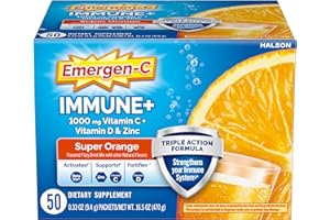 Emergen-C Immune+ Triple Action Immune Support Powder, BetaVia (R), 1000mg Vitamin C, B Vitamins, Vitamin D and Antioxidants, Super Orange, Back to School Essentials – 50 Count