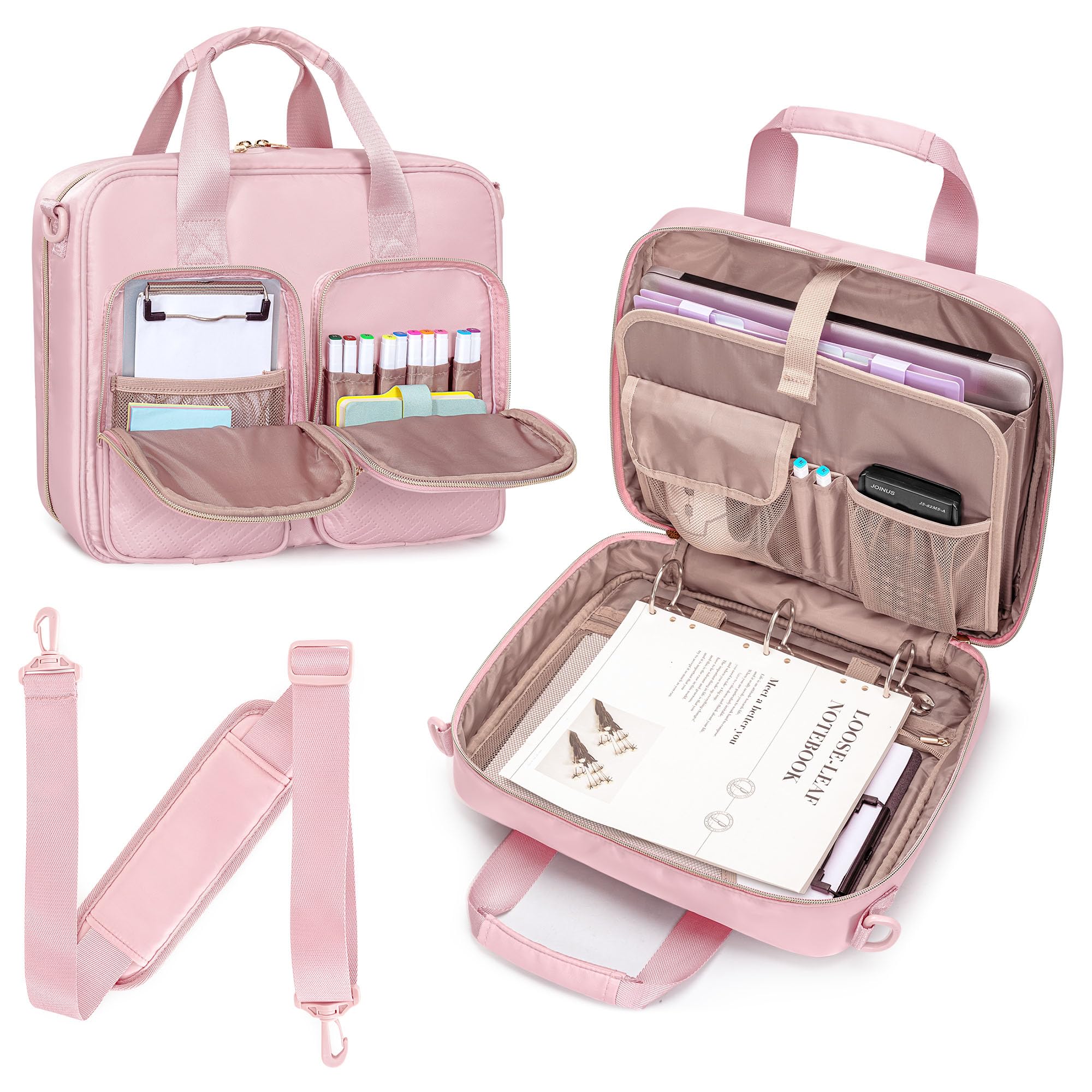 Prokva 3 Ring Zipper Binder, 2 Inch Ring Binder Organizer Bag with Shoulder Strap Fits 13 Inch Laptop and 500 Sheets, Pink (Empty Bag Only)