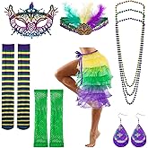 Suny Smiling 9 Pieces Outfit for Women,Costumes Party,Cosplay Parties Include Mardi Gras Skirts for Wome Earrings Headdress Gloves Beads Necklace Socks