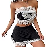 Midnight Surprise Sexy Maid Lingerie Set for Women – Black and White Lace Cosplay Outfit with Strapless Top and Mini Skirt