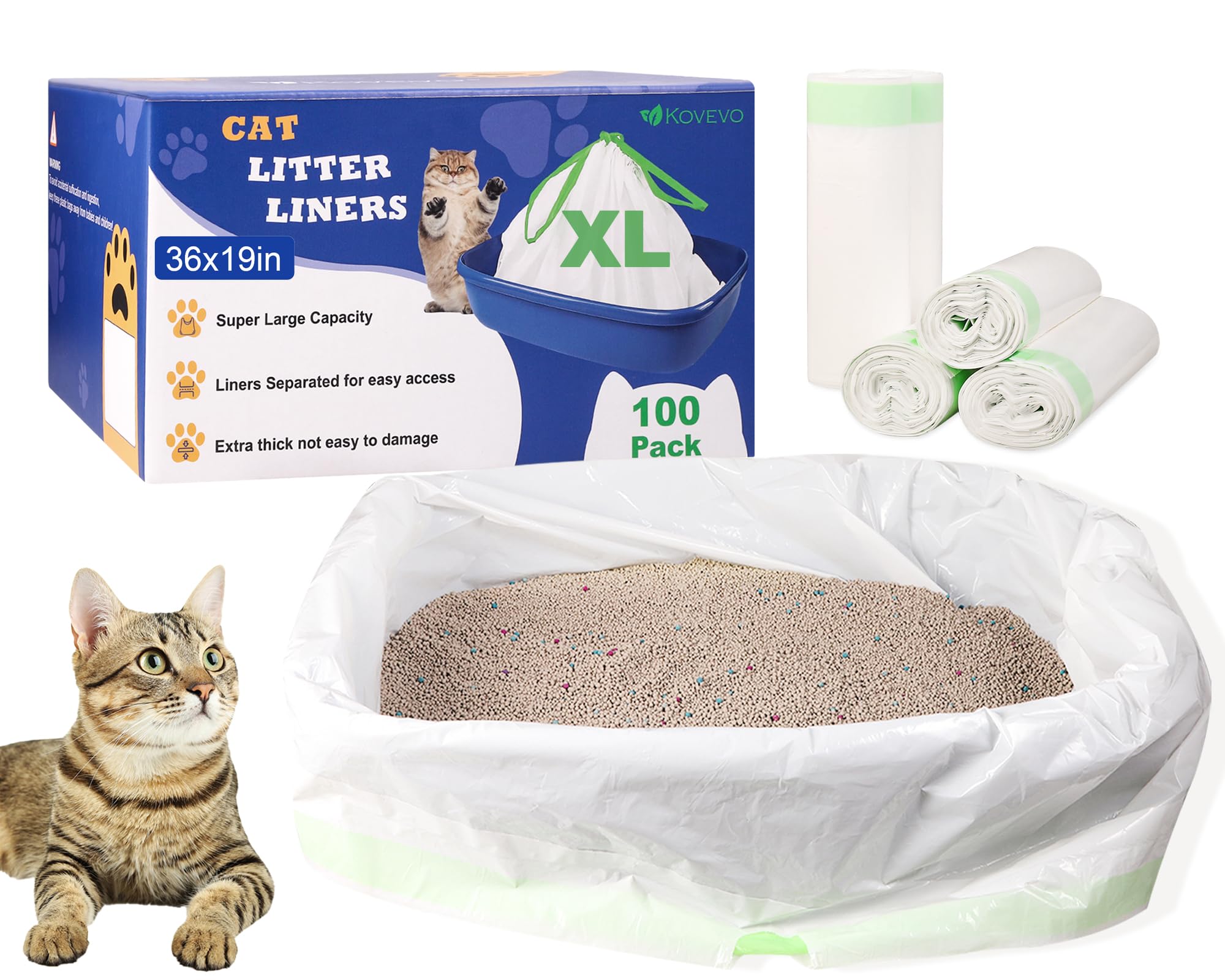 Photo 1 of 100 Pack Litter Box Liners Large - Extra Thick Jumbo Cat Litter Bags, 36"x19" Drawstring Large Cat Litter Liners for Litter Boxes, Easy Clean Up Kitty Litter Liner XL