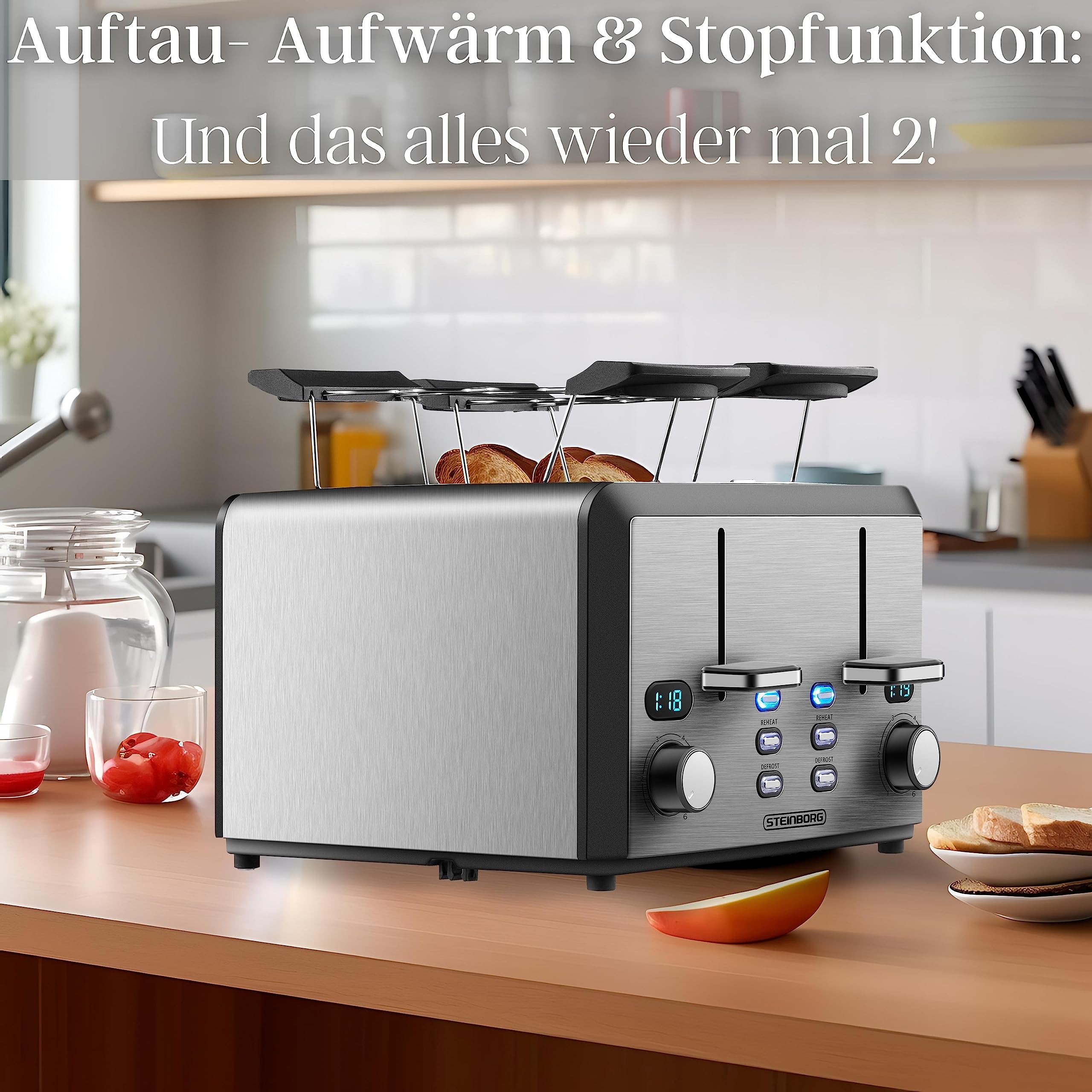 XXL Toaster 4 Toastschlitze | Toastautomat | 1600 Watt | 6-Stufen Bräuneregler | 2x Brötchenaufsatz | Auftau-Funktion | 2x Krümelschubladen | Edelstahl | 4-Fach | LED Displays 5
