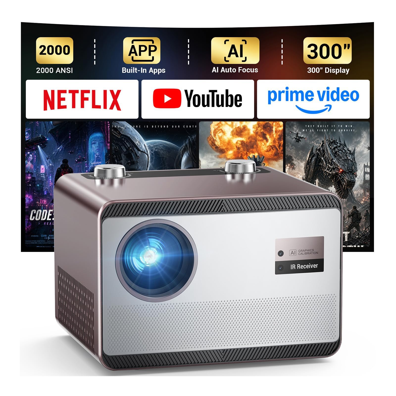 2000 ANSI Lumens Built-in Streaming App Full HD Smart Projector, HAPPRUN Native 1080P Movie Projecto