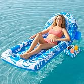 Sloosh Adjustable Backrest Pool Floats - Swimming Pool Lounger Floaties with Cup Holders, Inflatable Tanning Float Rafts Chair Beach Lake Lounge Floating Above Water Keep Cool for Adults Kids