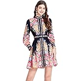 LAI MENG FIVE CATS Women's Floral Print Lantern Sleeve Button Casual A-line Mini Dress with Belt