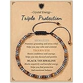 LAVEIR Triple Protection Bracelet with Natural Hematite Tiger Eye Black Tourmaline, Adjustable Healing Crystal Bracelet for Strength Balance Energy, Meaningful Gift with Quote Card