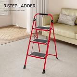 KINGRACK Folding 3 Step Ladder with Non-Slip Pedals Red Steel Lightweight view 3