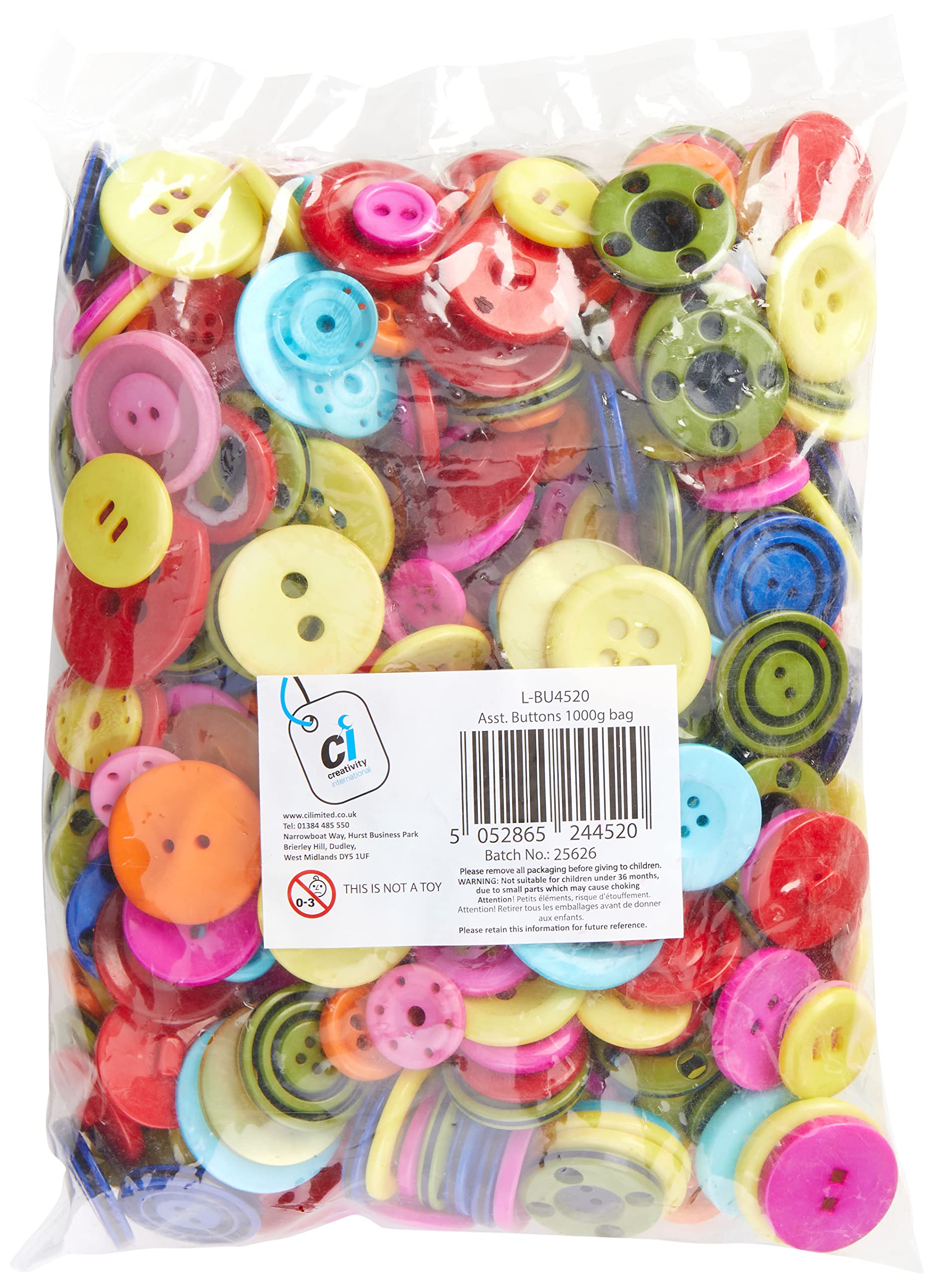 Creativity Inspired Buttons Mix Size Pack, 1kg Assorted Fantastic for All Craft Activities, Collage, Knitting, Crochet, Sock Puppets, Counting, Size Sorting, Multi-Colour Colour, 2mm-15mm