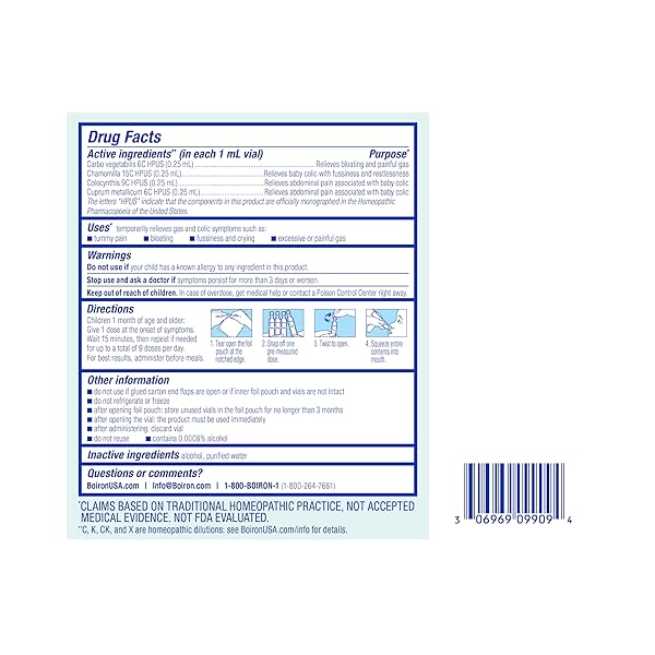 BOIRON CAMILIA TUMMY FOR COLIC, PAINFUL GAS, BLOATING, & FUSSINESS- STERILE AND NON-DROWSY LIQUID DOSES – 30 COUNT
