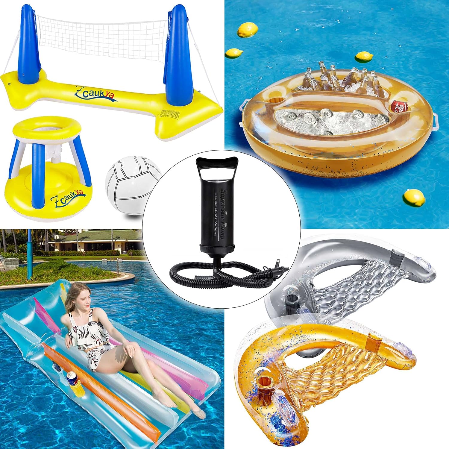 Zcaukya Hand Pump, Double Action Quick Manual Air Pump with Accordion Hose and 3 Nozzles, Portable Air Pump for Inflatable Bed Mattress Pool Floats: Sports & Outdoors
