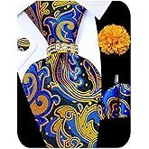 Kerfado 5PCS Mens Silk Tie, Pocket Square, Cufflinks, Drilled Tie Ring and Lapel Pin Set for Wedding Groom Party