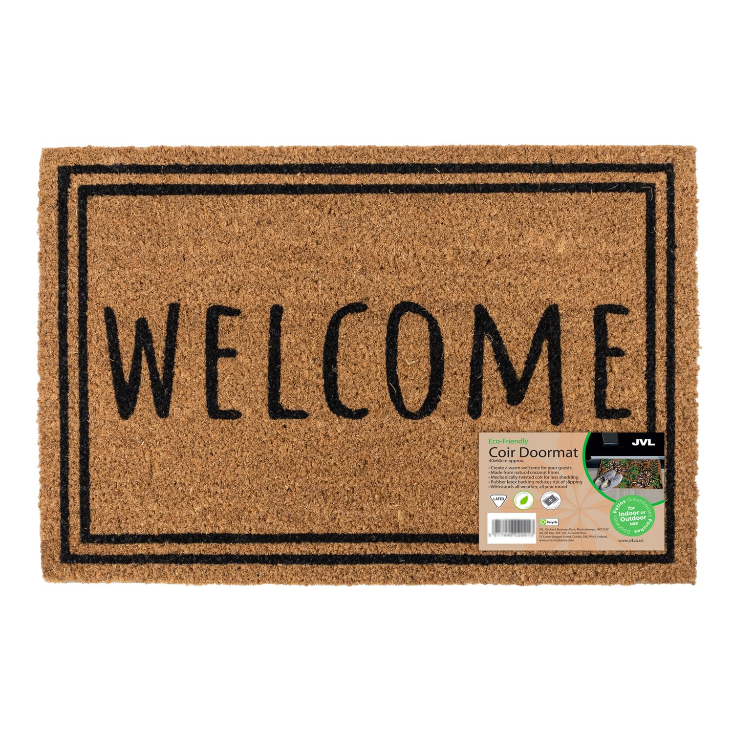 JVL Eco-Friendly Latex Backed Coir Entrance Doormat, 40x60cm - Welcome Border