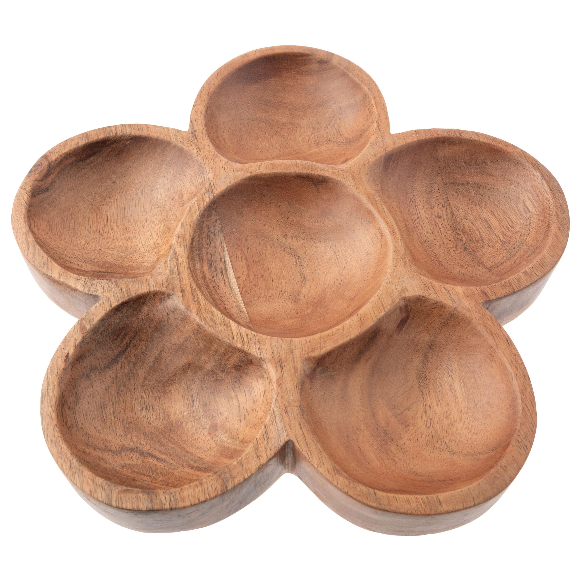 Photo 1 of *CHIPPED* Karma, Acacia Wood Shaped Serving Bowl, Shaped Wooden Compartment Divided, Wood Accent-Plates Divided Dessert Dish Serving Trays Platters, Flower