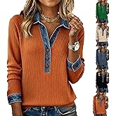 Sweater Shirts for Women Patchwork Button Up Denim Shirt Long Sleeve Henley Shirt Cute Tunic Tops Pullover Knit Sweater