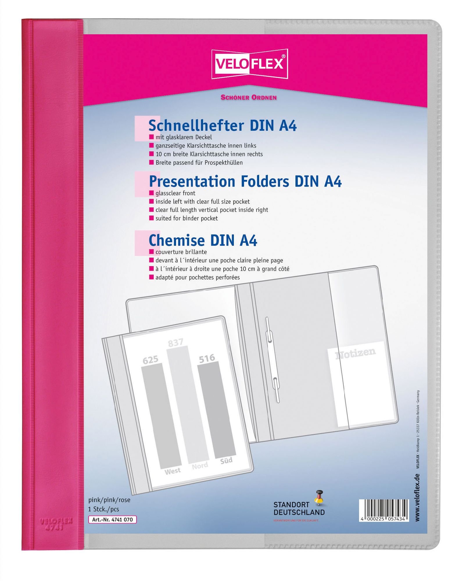Veloflex 4741070 File Folder A4 PVC Film with 2 Transparent Pockets Pink