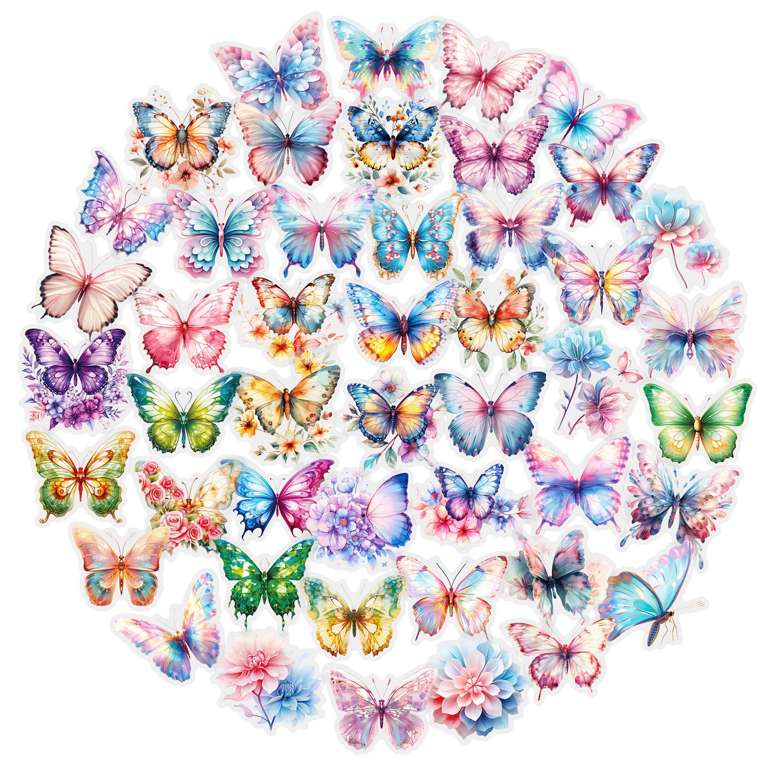 Tisaindor 50 Pcs Butterfly Stickers,Realistic Transparent Butterfly PET Sticker,Colorful Waterproof Stickers for Laptop, Stationery, Luggage Scrapbooking, Water Bottles, Gifts