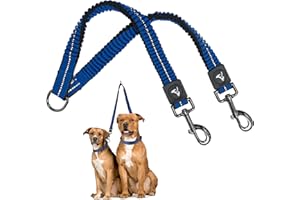 KRUZ PET Kruz Double Dog Coupler - KZVX2-15S - Tangle Free Dog Walking and Training Dual Extension Coupler - Comfortable, Shock Absorbing - Reflective Bungee Coupler for Two Dogs - Blue - 5/8" x 14"