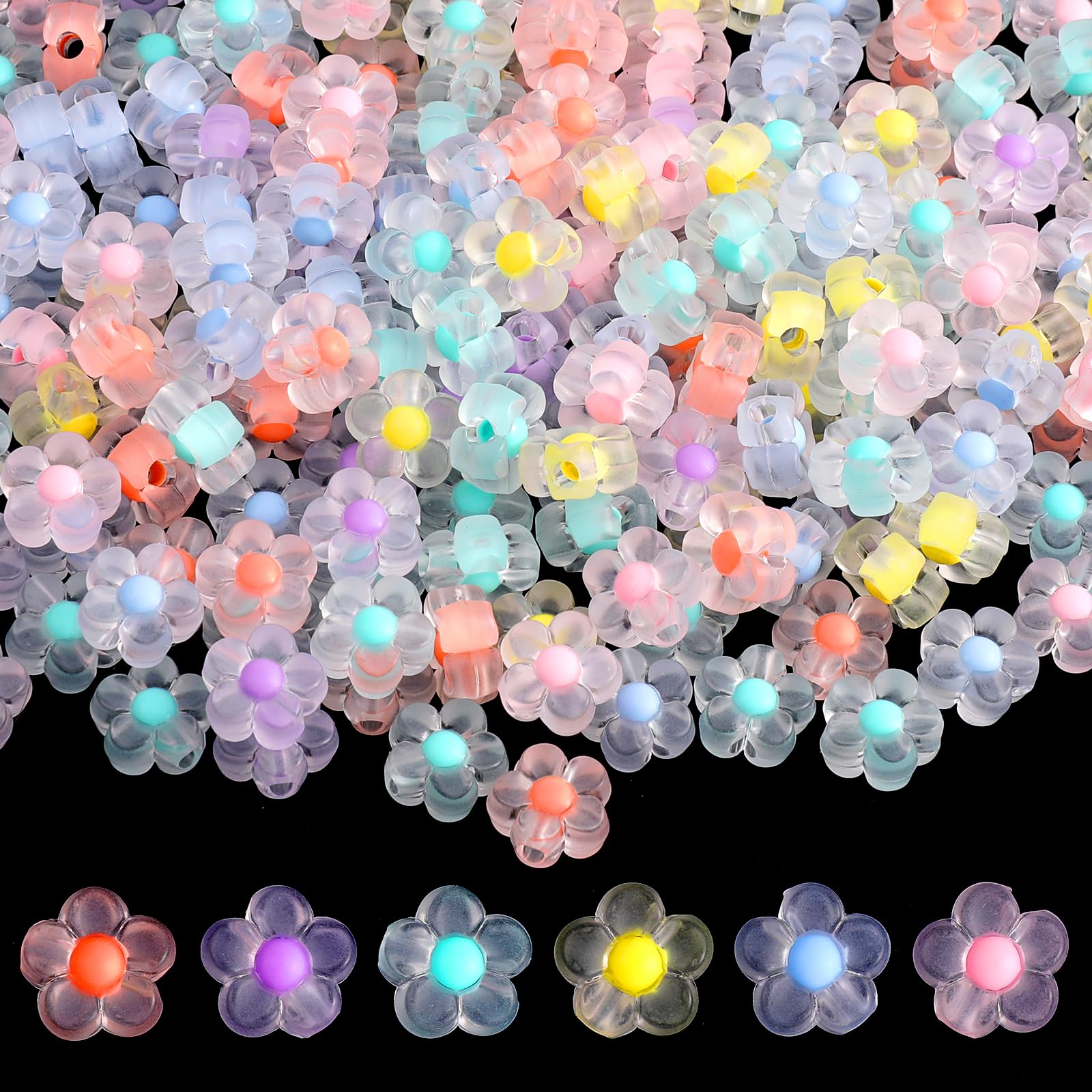 Photo 1 of 200 Pieces Acrylic Flower Beads for Bracelets, Mix Candy Colors Transparent Bead Charms for DIY Jewelry Making, Necklace and Bracelet Supplies