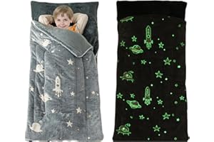 DECMAY Sleeping Bag for Kids Toddler Nap Mat 63" x 30" Toddler Slumber Bag Glow in The Dark Blanket Fluffy with Padded Mat for Boys, Girls,Grey Space/Pink Unicorn/Rainbow Unicorn