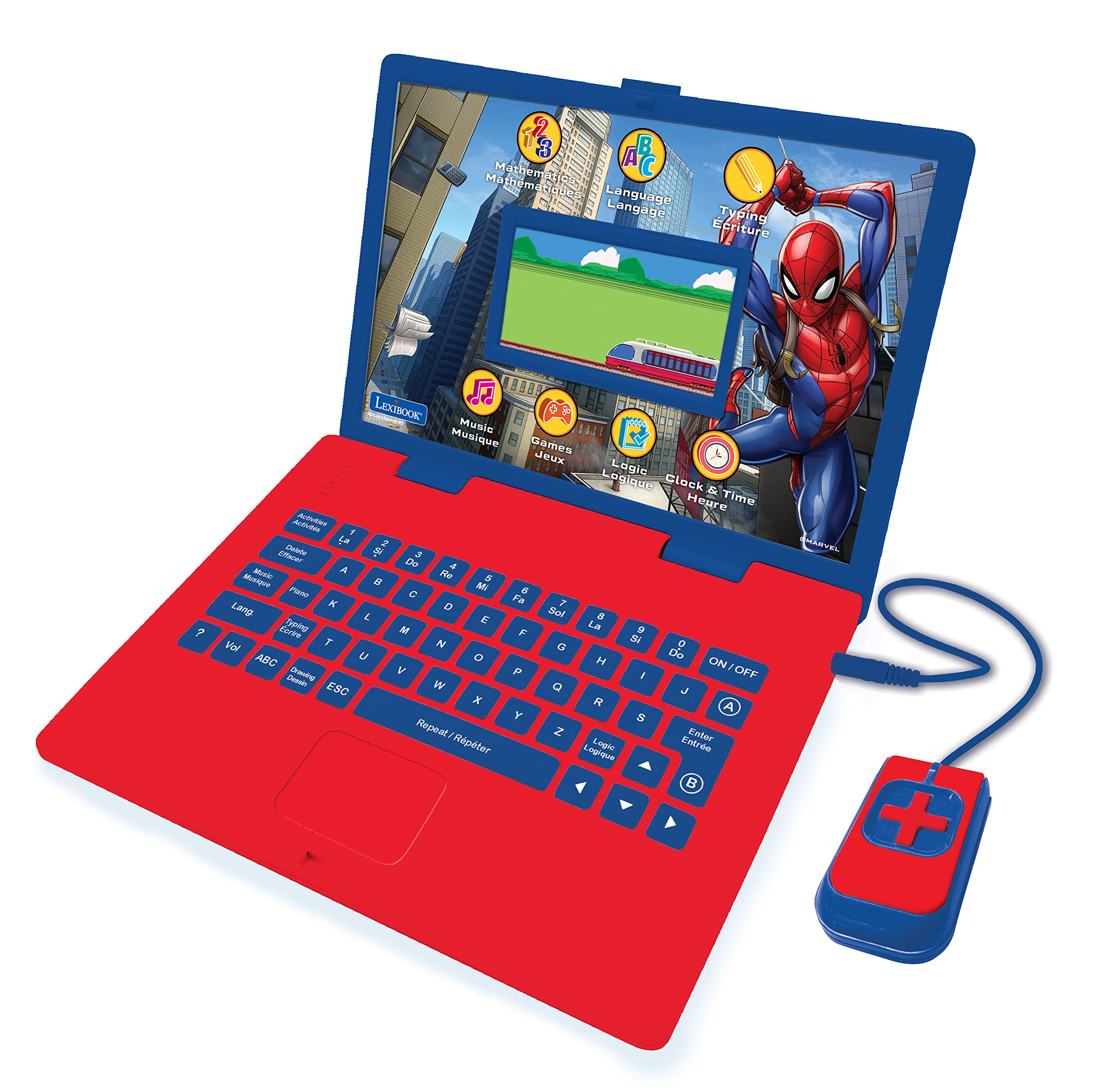 LEXIBOOK, Spider-Man, Educational and Bilingual Laptop French/English with Coloured Screen, Toy for Boys & Girls, 130 Activities, Learn Play Games and Music, Blue/Red, JC798SPi1