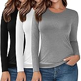 Evervibe 3 Pack Women's Plus Size Long Sleeve Shirts Crew Neck Slim Fitted T Shirt Stretchy Casual Bodycon Basic Tee Tops