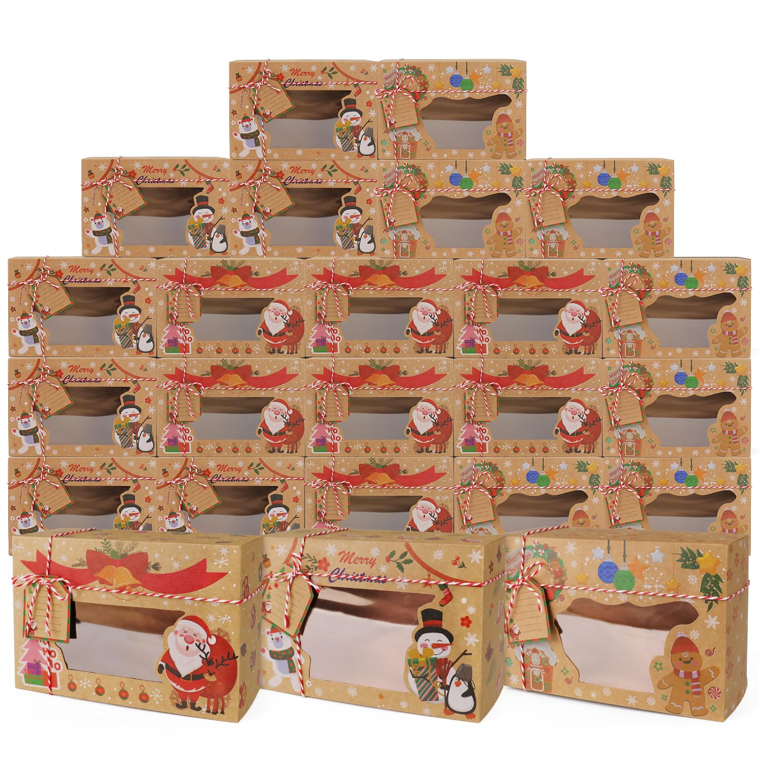 Photo 1 of 24PCS Christmas Cookie Boxes with PVC Window Kraft Paper Gift Cake Boxes Treat Boxes Chocolate Boxes Cake Boxes with Tags for Holiday Xmas Party Favor Supplies, 3 Styles, 8.7x5.9x2.7inch