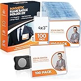 100 Pack of 4x3 Magnetic Name Badge Holders (White Printable Inserts Included) Customizable Magnetic Name Tags for Office, Conventions, School, and Events - Durable and Clear Plastic Name Tag Holder