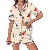 Ekouaer Womens Silk Satin Pajamas Set Animals Print Pjs Button Down Short Sleeve Lounge Set 2 Piece Sleepwear