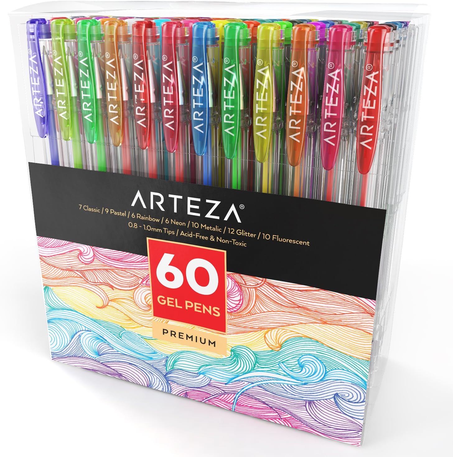 Arteza Gel Pens 60-Individual-Colors Acid-Free & Non-Toxic (0.8-1.0 mm Tips, Set of 60)