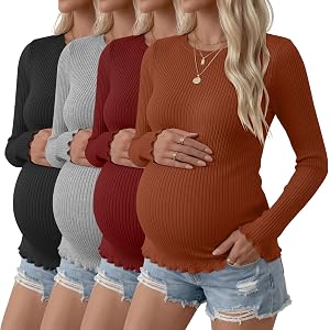 Riyiper 4 Pack Women's Maternity Ribbed Shirts | Long Sleeve Pregnancy Tops, Crew Neck Maternity T-Shirts, Lettuce Trim, Slim