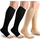 Owcorowan 3 Pairs Open Toe Compression Socks for Men & Women - 15-20 mmhg Knee High Stockings for Circulation Support
